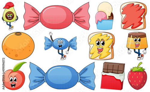 Set of facial expression with vintage style food cartoon on white background