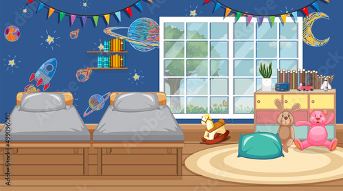 Scene of bedroom with two beds
