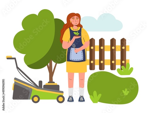 People enjoy gardening and planting plants A woman farmer gardener doing work and agricultural hobby Vector illustration isolated