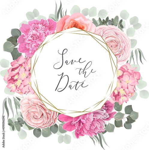 Vector floral frame. Pink roses, peonies, hydrangea, ranunculus, eucalyptus, green plants and flowers. Golden round polygonal frame