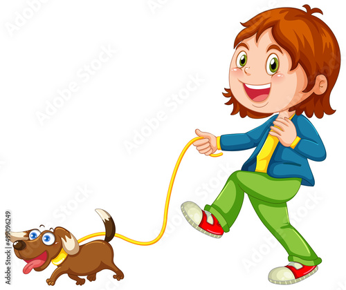 A girl walking her dog on white background