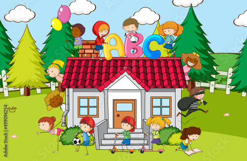 Scene with many kids playing at home
