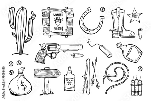 Wild West set Hand-drawn in doodle style Good for printing Symbol of Western Concept Isolated vector illustration