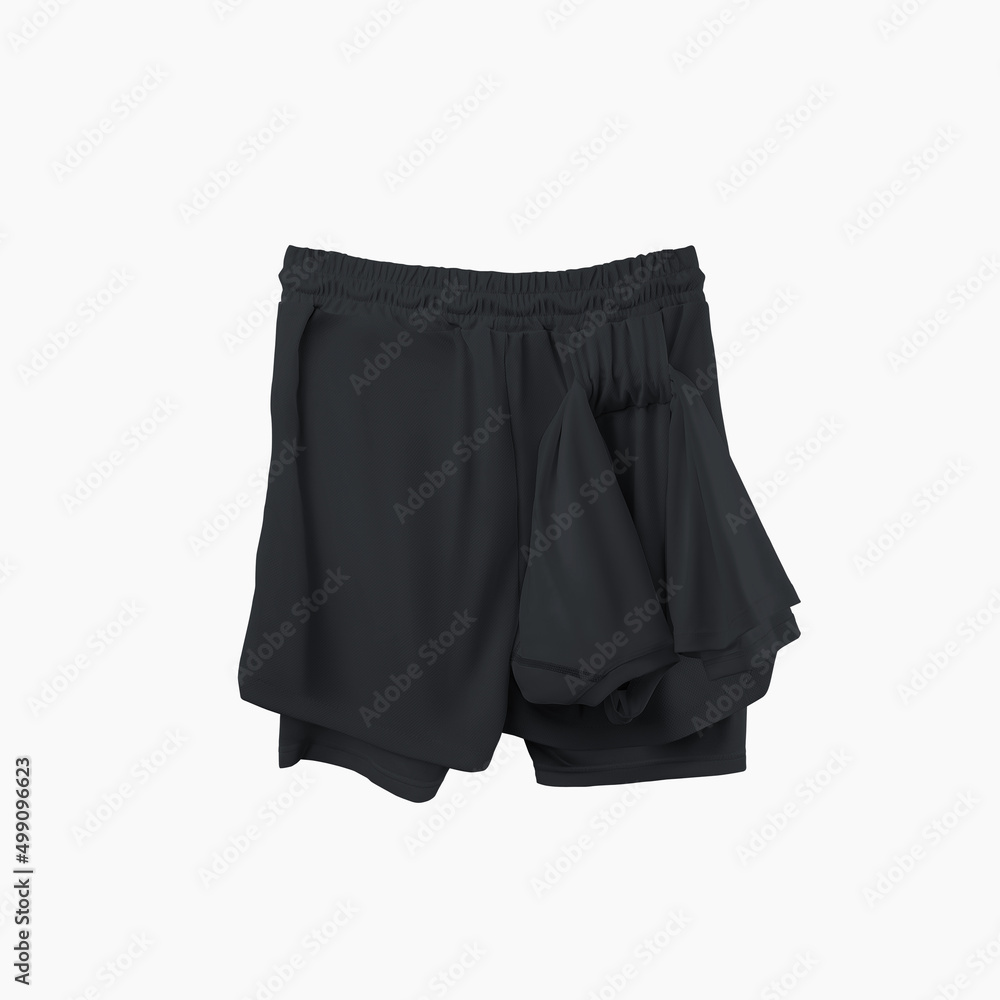 Mockup of black loose shorts with compression line, with t-shirt loop, back view. Mockup of black loose shorts with compression line, with t-shirt loop, back view.