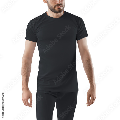 Mockup of black pants and t-shirt on a man.