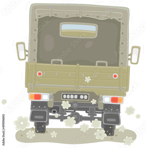 Green lorry with a tent driving on a bumpy dusty road, rear view, vector cartoon illustration isolated on a white background