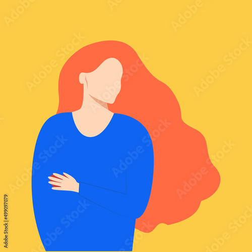 desperate ukrainian woman holding her hand to her heart. in yellow-blue colors. flat vector illustration. stress and pain during the war. Symbol of the suffering of Ukraine.