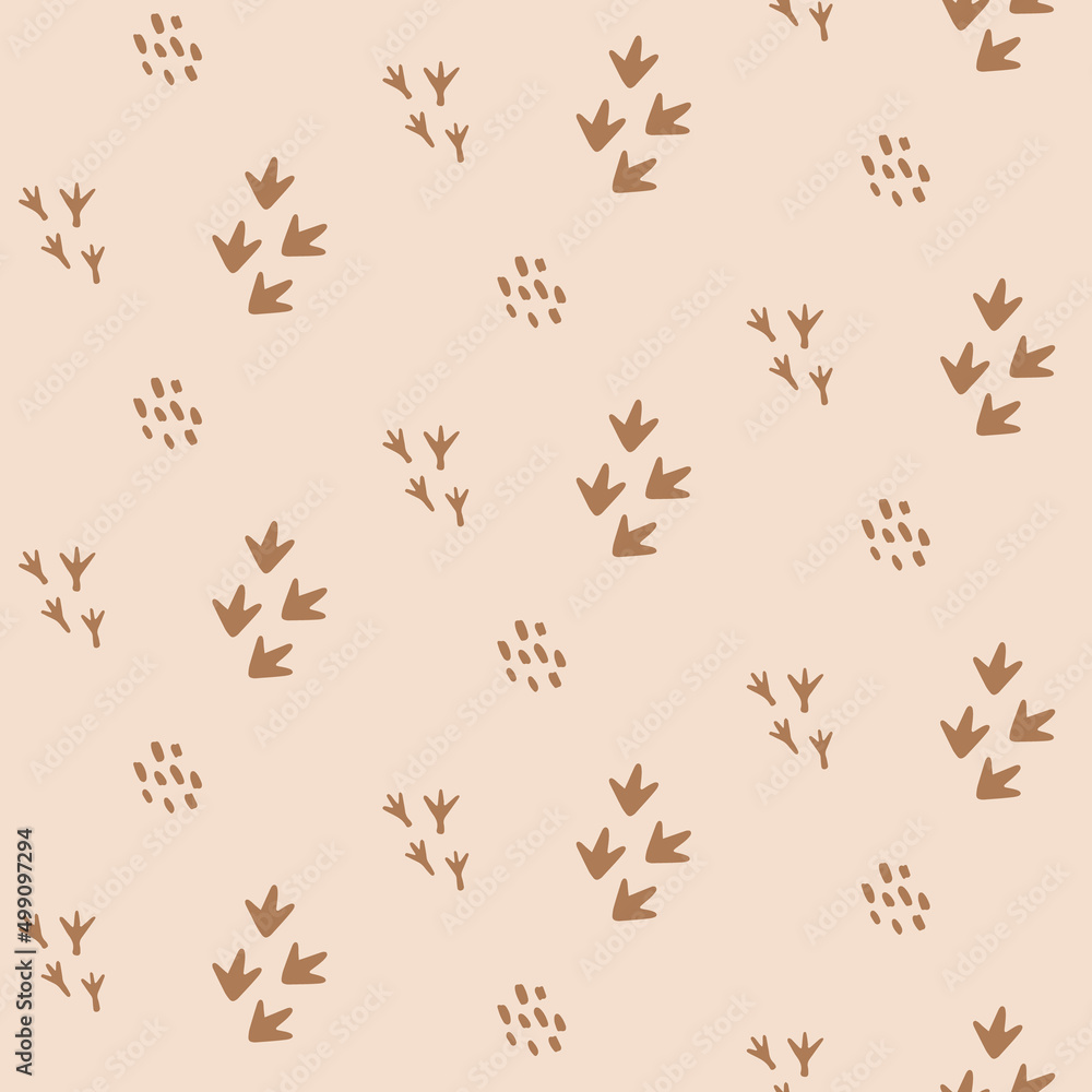 Dinosaur footprint seamless pattern. Background with paw, claw, steps