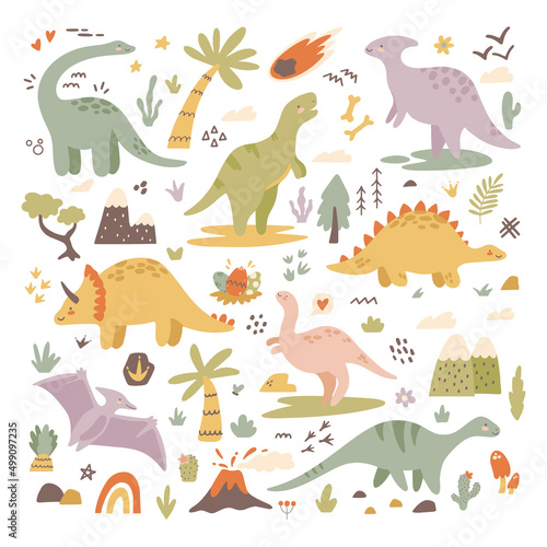 Vector colored collection of childrens clipart with cute dinosaurs. Scandinavian wall art big set on white background. Children's print with cute dino, palm, mountains, volcano, tropical leaves.