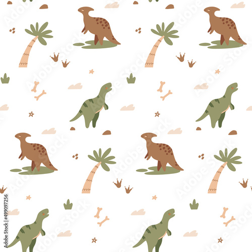 Vector colored childish pattern with cute dinosaurs and tropical palm. Scandinavian wall art  background. Kids print with cute dino  palm  fossil footprints  bones. Apparel  textile  wallpaper.