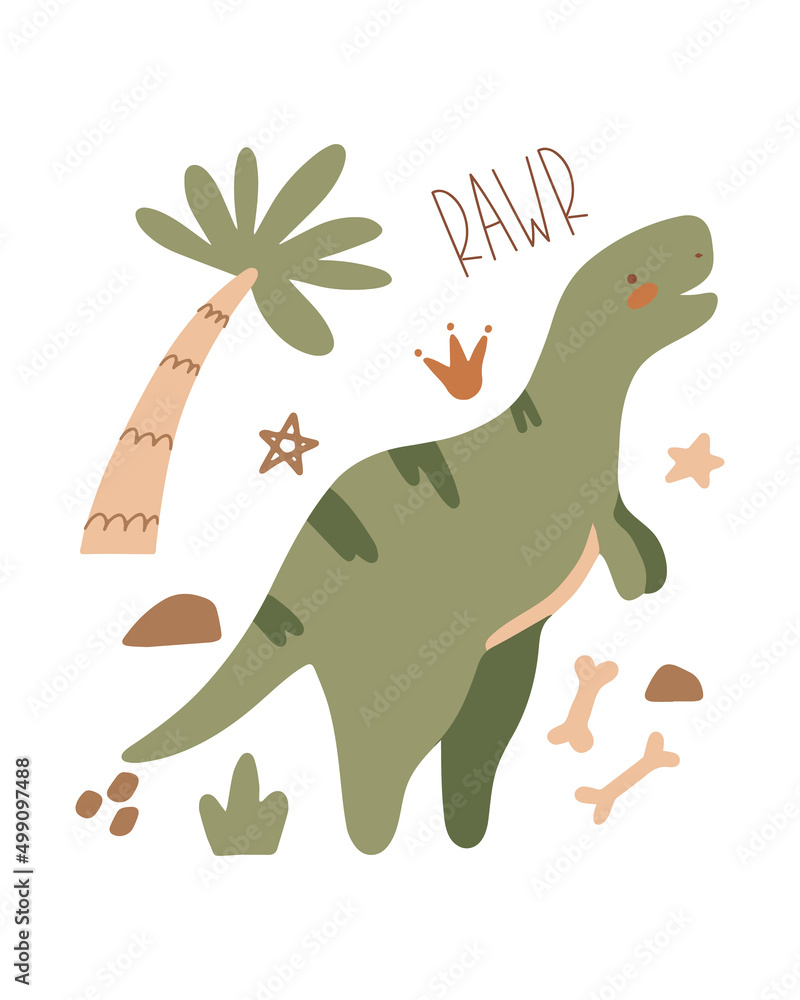 Obraz premium Vector cute illustration with cartoon dinosaur, tropical palm. Scandinavian style wall art for nursery room. Children's print, poster, greeting card. Cute baby t rex. Tyrannosaurus roar