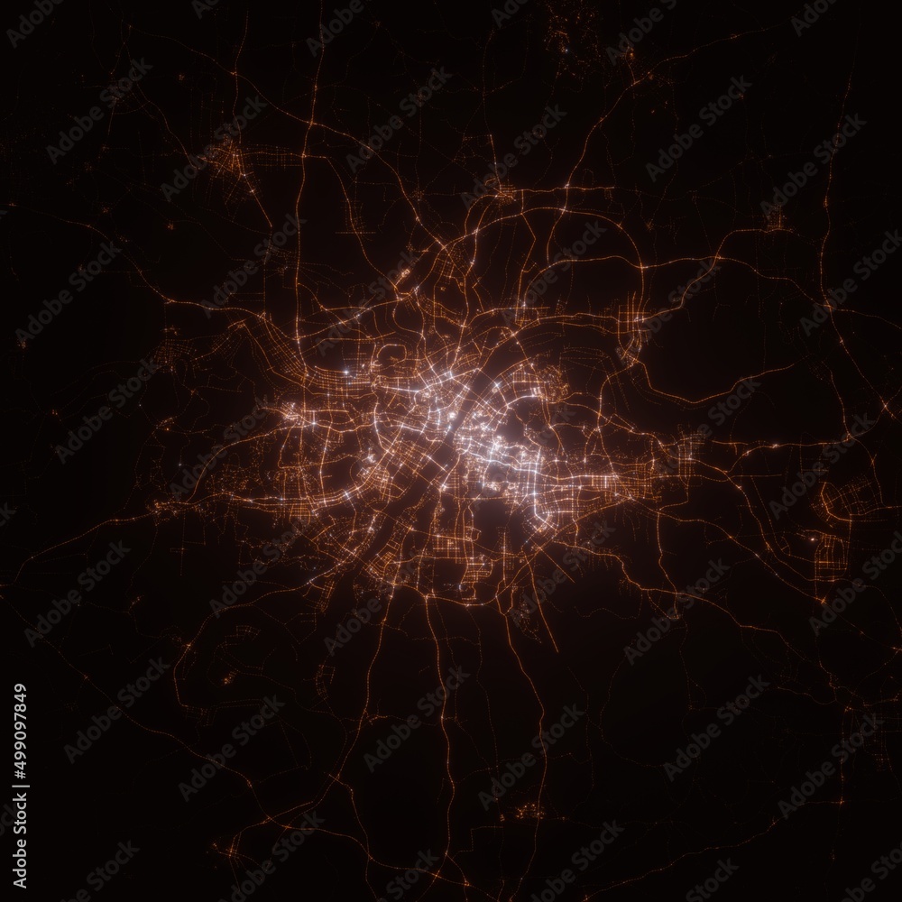 Wuhan (China) street lights map. Satellite view on modern city at night. Imitation of aerial view on roads network. 3d render Wuhan (China) street lights map. Satellite view on modern city at night. Imitation of aerial view on roads network. 3d render
