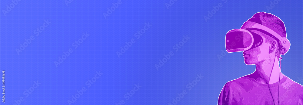 Man using virtual reality simulator VR goggles virtual reality web 3 or metaverse metaphor. Horizontal banner with copy space, place for text or text area Man using virtual reality simulator VR goggles virtual reality web 3 or metaverse metaphor. Horizontal banner with copy space, place for text or text area