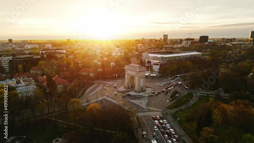 Arch of Triumph Bucharest, Romania Arcul de Triumf București. Sunset shot, golden hour, drone shot 4k photo