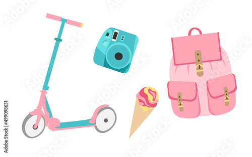 Summer set with backpack instax, ice cream, kick scooter