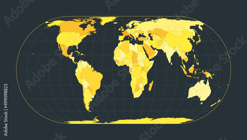 World Map. Eckert IV projection. Futuristic world illustration for your infographic. Bright yellow country colors. Authentic vector illustration.