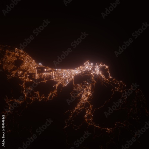 Mascat (Oman) street lights map. Satellite view on modern city at night. Imitation of aerial view on roads network. 3d render photo