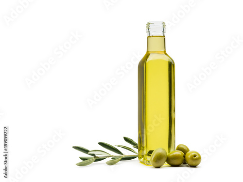 Obraz na plátně olive oil bottle with green olives on white background