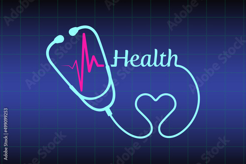 Abstract stethoscope design, heart, pink ekg line illustration on medical monitor background. Healthcare design to use in health industry, cardiology, medical care, hospital, health science projects. 