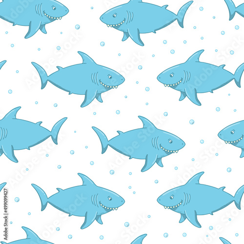seamless pattern with sharks on white background. Nursery sharks print for textile, wrapping paper, wallpaper, stationary. Summer theme. EPS 10