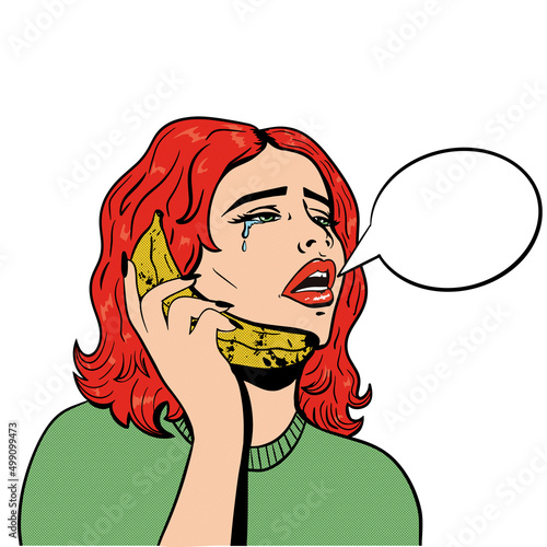 Pop art woman illustration vector.Woman calls banana and cries.Bubble cloud for words.Design Print for print,t-shirt.Vector isolated illustration on white background.