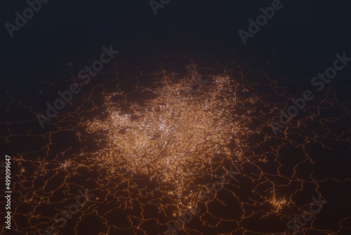 Aerial shot of Yaounde (Cameroon) at night, view from south. Imitation of satellite view on modern city with street lights and glow effect. 3d render