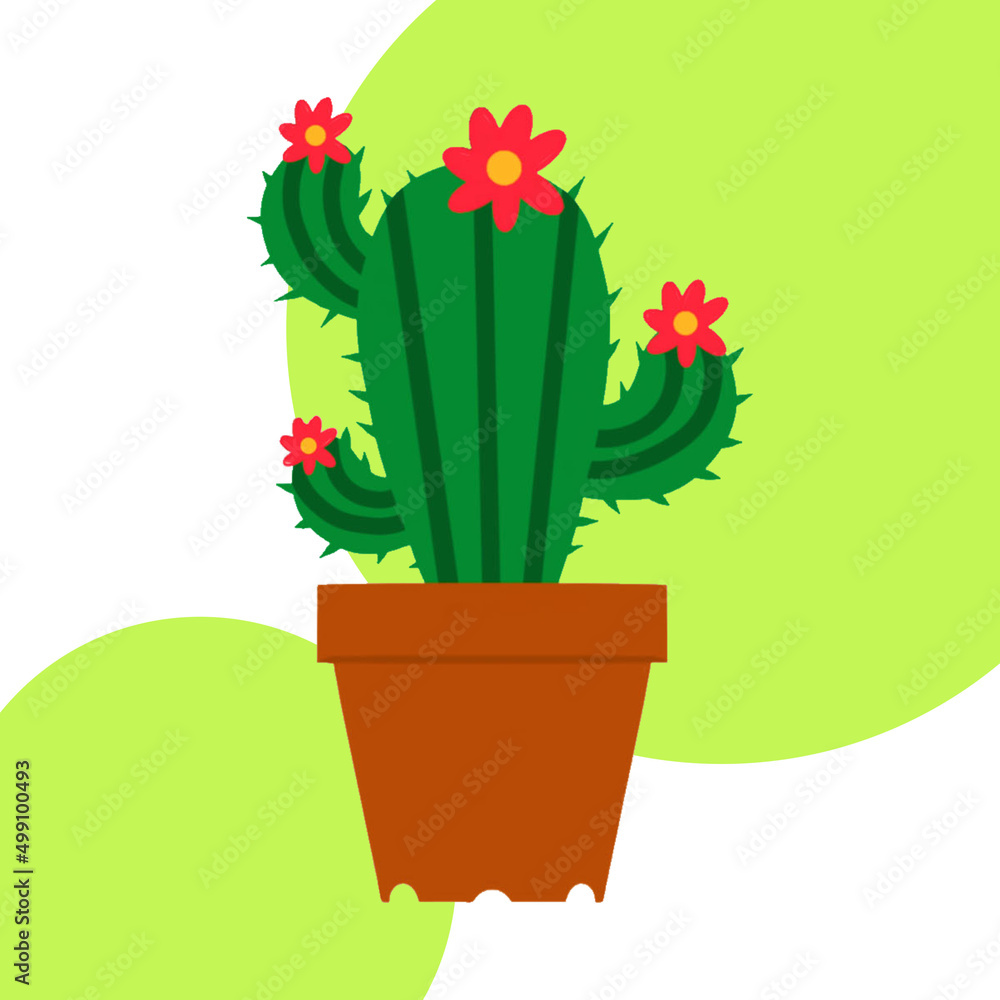 Blooming green cactus concept. Cactus with red flowers in flower pot. Vector illustration. Design element for printing and designing websites clothing accessories stationery postcards. Cactus with