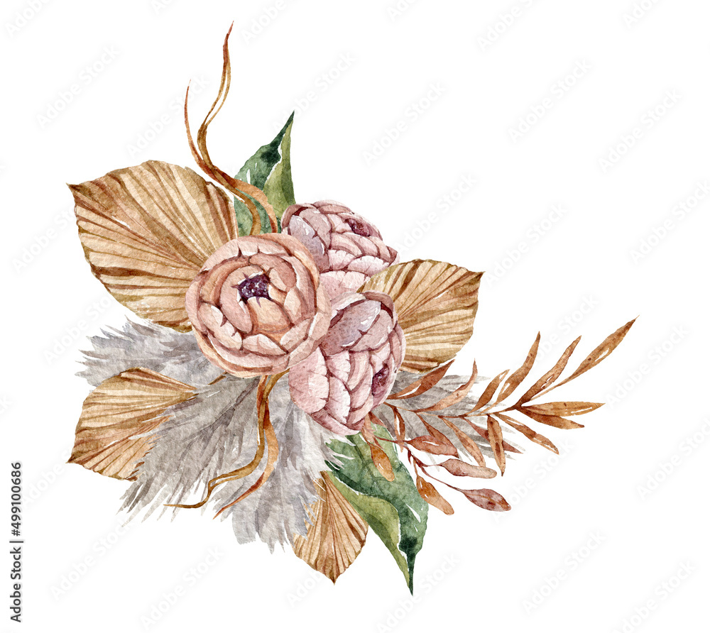 Fototapeta premium Watercolor autumn boho flower bouquet clipart. Hand painted elegant tropical flowers isolated on white background. Bohemian floral illustration for wedding card design, sublimation, print, poster
