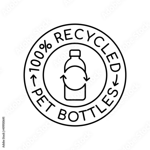 100% recycled PET bottles logo. Plastic bottle with recycle arrows in a circle. Products from 100% recycled materials. Reusable polyester product label. Zero waste. Vector illustration, flat, clip art