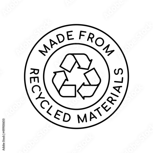 Made from recycled materials logo. Recycle sign in a circle. 100% recycled symbol. Sustainable fashion and environmental friendly industry. Eco product label. Vector illustration, flat, clip art. 