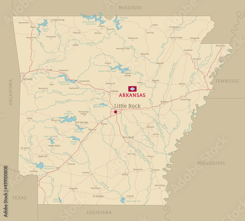 Road map of US American State of Arkansas. Highly detailed transportation map with highway and interstate roads, rivers, lakes and cities realistic vector illustration