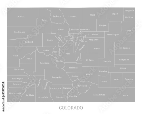 Colorado highly detailed gray color map, US state. Administrative map of Colorado with territory borders and counties names labeled realistic vector illustration