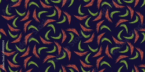 Seamless Texture with Green and Red Palm Leaves - Pattern on Dark Backgorund