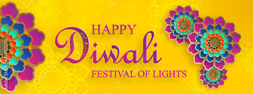 Happy Diwali vector illustration. Festive Diwali and Deepawali card. The Indian festival of lights on yellow color background