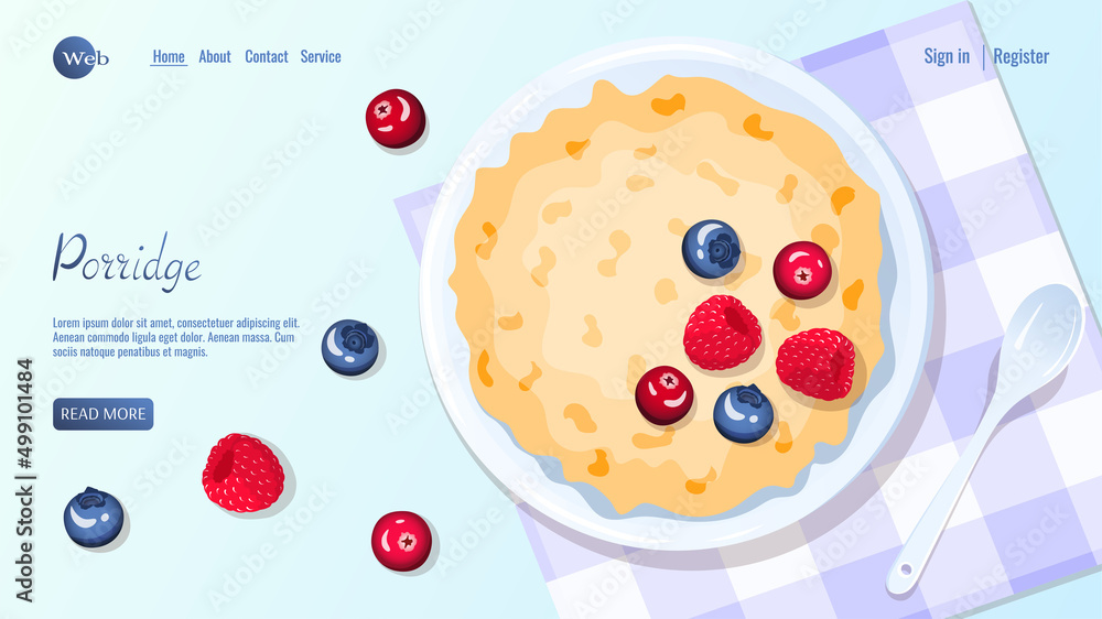 Oat porridge and berries, spoon near. Raspberry, cranberry and blueberry. Breakfast, healthy food, dieting concept. Vector illustration for flyer, poster, banner, website development. Oat porridge and berries, spoon near. Raspberry, cranberry and blueberry. Breakfast, healthy food, dieting concept. Vector illustration for flyer, poster, banner, website development.