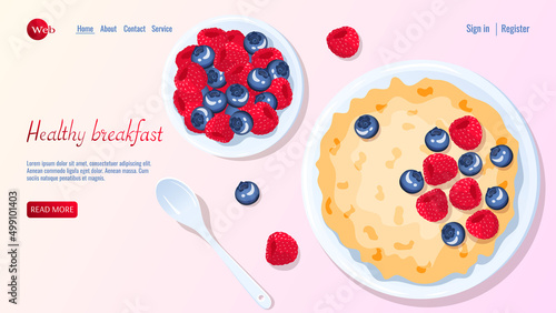 Porridge and berries, spoon near. Raspberry and blueberry. Breakfast, healthy food, dieting concept. Vector illustration for flyer, poster, banner, website development.