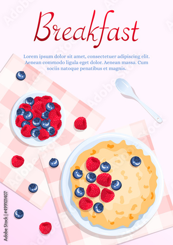 Porridge and berries, spoon near. Raspberry and blueberry. Breakfast, healthy food, dieting concept. A4 vector illustration for flyer, poster, banner.
