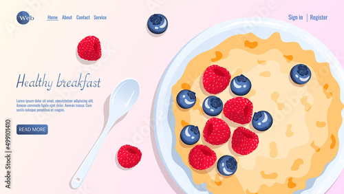 Porridge and berries, spoon near. Raspberry and blueberry. Breakfast, healthy food, dieting concept. Vector illustration for flyer, poster, banner, website development.