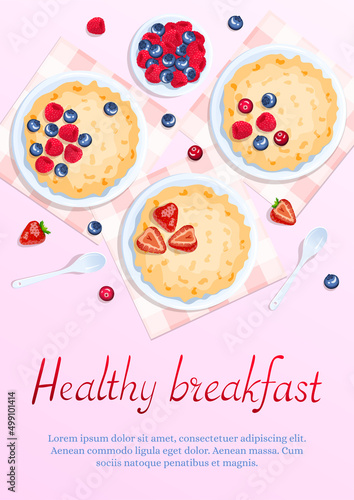 Bowls with porridge and berries  spoons near. Raspberry  strawberry  cranberry and blueberry. Breakfast  healthy food  dieting concept. A4 vector illustration for flyer  poster  banner.