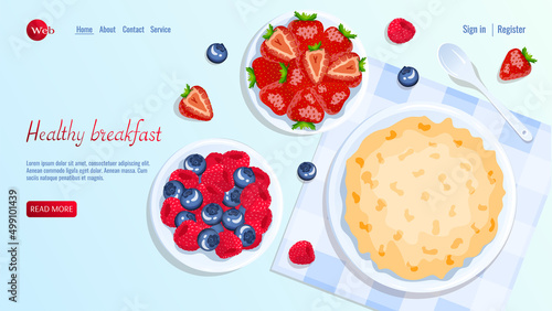 Bowls with porridge and berries, spoon near. Raspberry, strawberry and blueberry. Breakfast, healthy food, dieting concept. Vector illustration for flyer, poster, banner, website development.