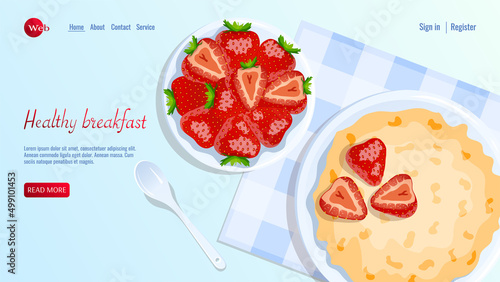 Bowls with porridge and strawberries, spoon near. Breakfast, healthy food, dieting concept. Vector illustration for flyer, poster, banner website development.