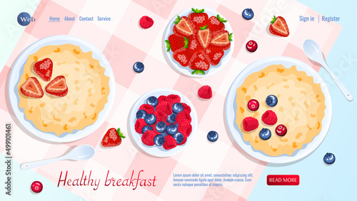 Porridge and berries, spoons near. Raspberry, strawberry, cranberry and blueberry. Breakfast, healthy food, dieting concept. Vector illustration for flyer, poster, banner, website development.