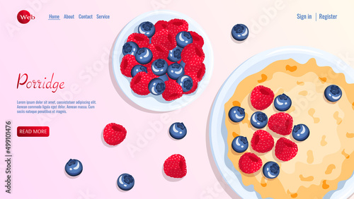 Bowls with porridge and berries. Raspberry and blueberry. Breakfast, healthy food, dieting concept. Vector illustration for flyer, poster, banner, website development.