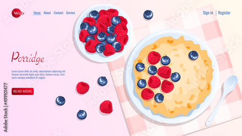 Bowls with porridge and berries, spoon near. Raspberry and blueberry. Breakfast, healthy food, dieting concept. Vector illustration for flyer, poster, banner, website development.
