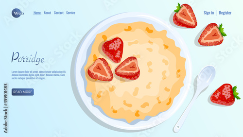 Porridge and strawberries. Breakfast, healthy food, dieting concept. Vector illustration for flyer, poster, banner, website development.
