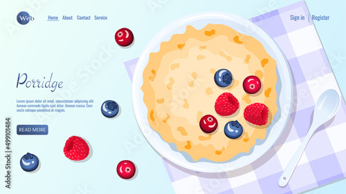 Oat porridge and berries, spoon near. Raspberry, cranberry and blueberry. Breakfast, healthy food, dieting concept. Vector illustration for flyer, poster, banner, website development.