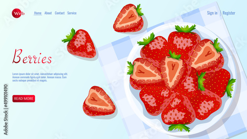 Bowl with strawberry. Berries, healthy food, dieting concept. Vector illustration for flyer, poster, banner, website development.