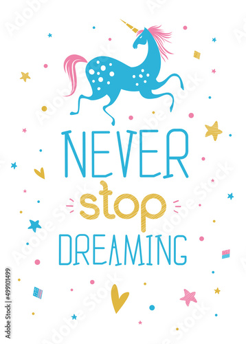 Motivational poster with hand drawn lettering "Never forget friends" and dog image. Cute artwork for greeting card, inspirational banner, apparel design, print. Trendy background with positive quote.