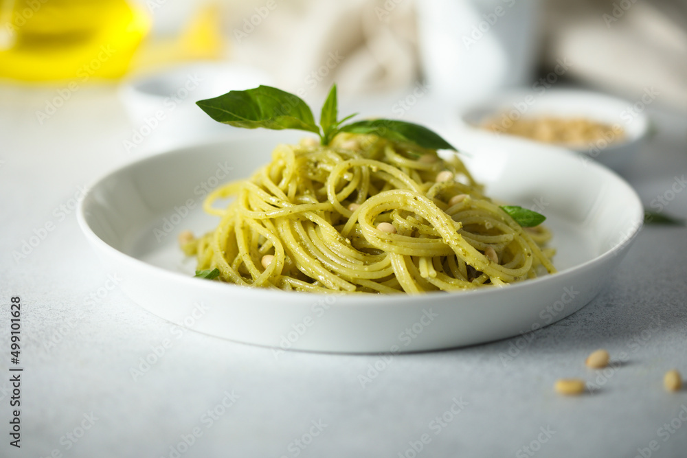 Traditional spaghetti with pesto sauce