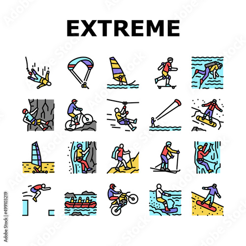 Extreme Sport Sportsman Activity Icons Set Vector. Bungee Jumping And Motocross, Wakeboarding And Ice Climbing, Skiing And Windsurfing Extreme Sport. Sportive Active Color Illustrations